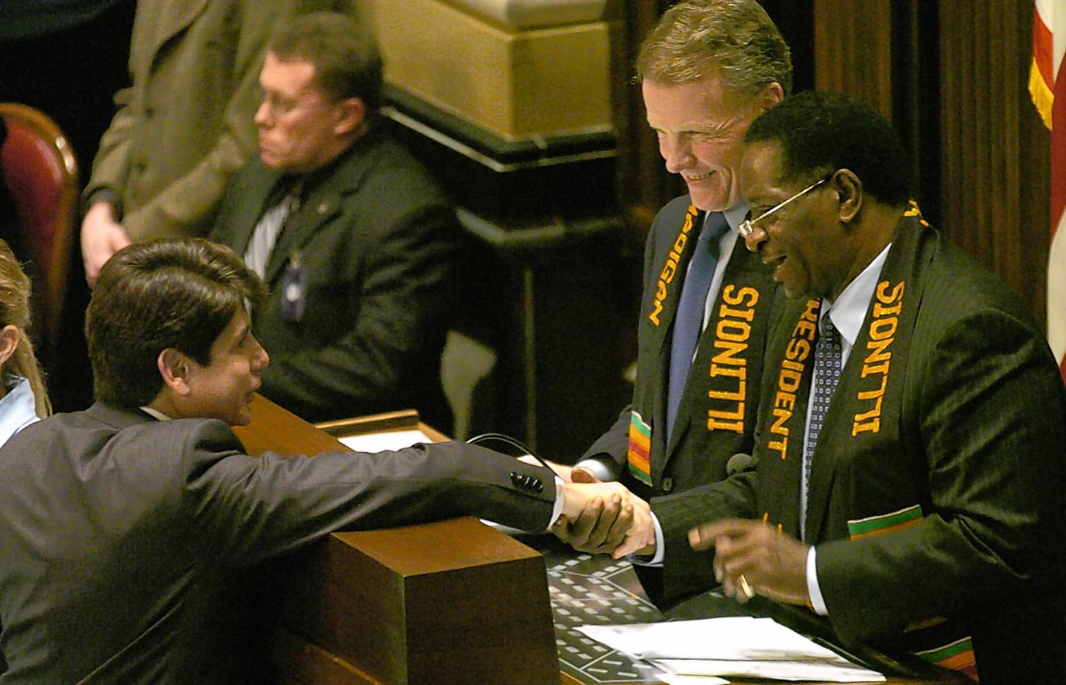 Gov. Rod Blagojevich greets House Speaker Michael Madigan and Senate...